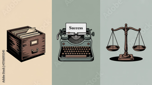 Vintage office concept with file cabinet, typewriter and scale law and justice concept success concept business concept