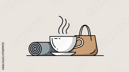 A steaming cup of coffee, a rolled yoga mat, and a tote bag, representing a relaxing morning routine and a healthy lifestyle