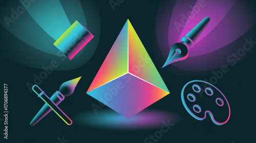 A captivating neon illustration featuring artistic tools and geometric shapes, creating a visually striking composition with a modern and vibrant aesthetic