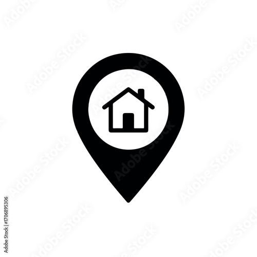 Black location pin with house icon inside, indicating home or address.