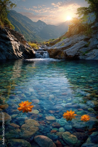 Mountain Stream at Sunset