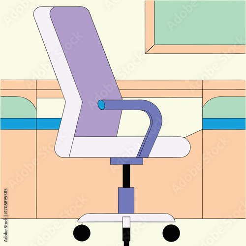 Office Illustration Featuring Ergonomic Chair and Desk Set Up with Green Accents for a Productive Workspace Environment