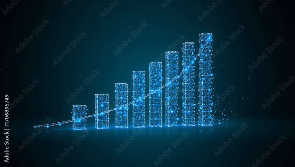 Obraz premium Glowing blue digital bar chart representing growth and success in a dark futuristic environment