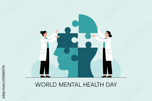 World mental health day concept with doctors and puzzle head