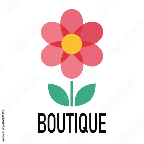 A boutique logo with a pink flower and green leaves, symbolizing beauty, fashion, and natural elegance