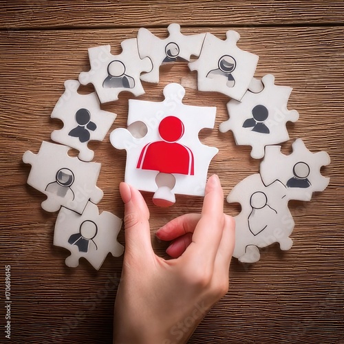 A hand holds a red person puzzle piece surrounded by gray person puzzle pieces
