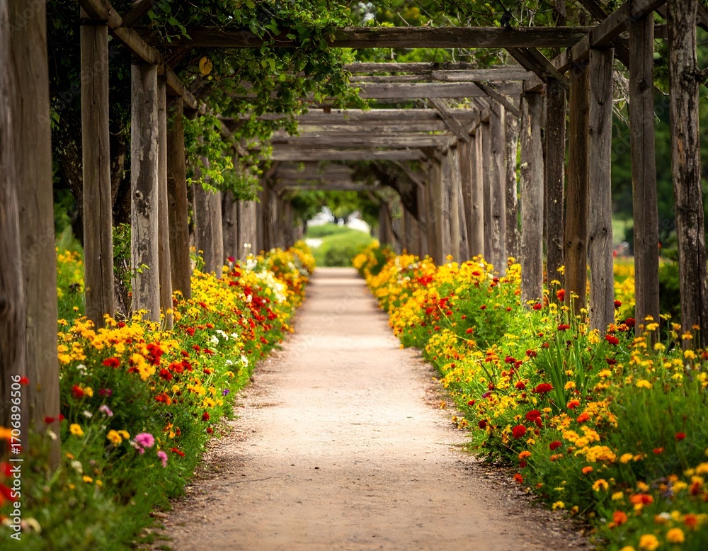 Fototapeta premium Flower-Lined Path Under Wooden Pergola