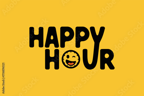 Happy hour vector design template with clock face and smile