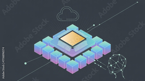 Isometric illustration of a central processing unit cpu with cloud computing and artificial intelligence elements, showcasing modern technology