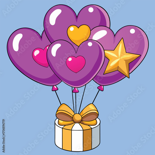 Cartoon gift box is tied to a group of heart and star balloons