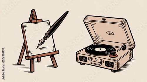 Illustration of an easel, fountain pen, and record player, symbolizing creative expression and artistic hobbies on a beige background