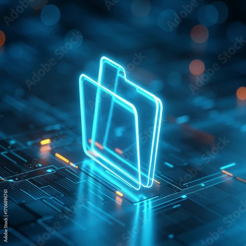 Neon Blue Folder Icon on Dark Circuit Board