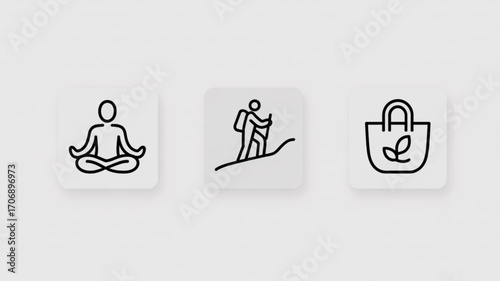 A set of icons representing wellness, hiking, and sustainability, featuring a person meditating, a hiker climbing a mountain, and a tote bag with a leaf