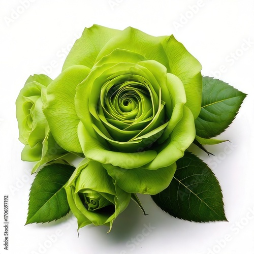 Close-up of three vibrant lime green roses with leaves