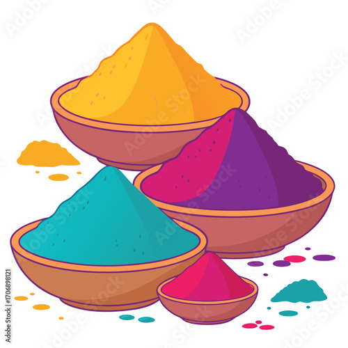 Vivid yellow, blue, purple and pink powders are stacked high in earthen bowls on white
