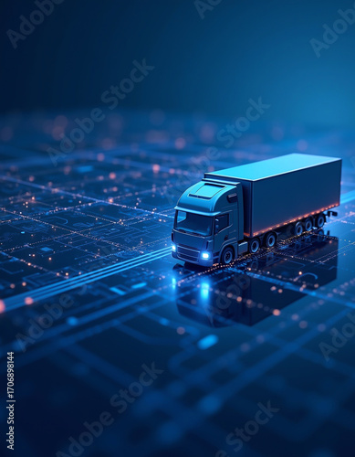 A futuristic 3D illustration of a modern truck running on a glowing blue digital surface, complete with circuit-like tracks and glowing connections, symbolizing intelligent transportation, GPS trackin