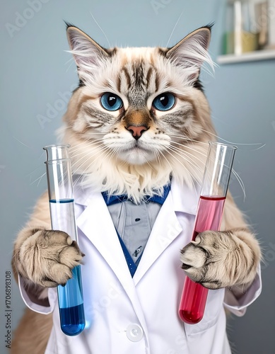 Cat scientist holding test tubes