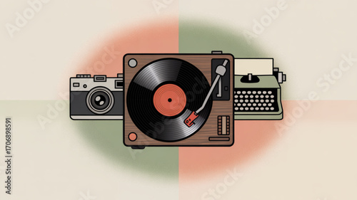Vintage camera, record player, and typewriter create a nostalgic scene, evoking memories of past eras and artistic expression perfect for retro themes