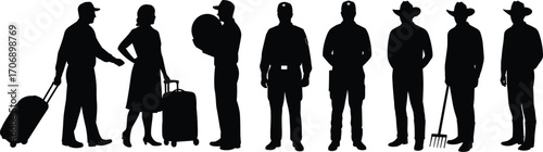 Silhouette of people in different professions, including travelers, workers, security guards, and farmers with tools, isolated on white background