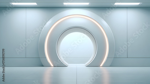 An abstract architectural design features a glowing circular doorway, a futuristic look. The interior design, showcasing clean lines and modern aesthetics. 