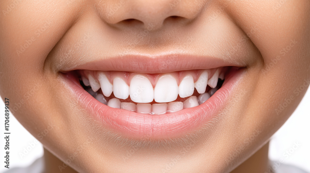 Obraz premium Bright and Happy Smile of a Child with Perfect White Teeth on a Light Background