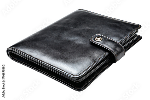 a black leather wallet with a button on the front