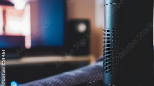 Close-up of a smart speaker on a couch with a blurred television in the background