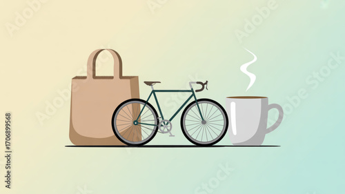Ecofriendly lifestyle illustration featuring a bicycle, tote bag, and coffee mug, perfect for sustainable living, urban commuting, or minimalist designs