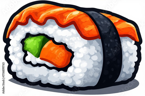 A single piece of delicious-looking salmon sushi, glistening with sauce, showcasing rice, seaweed, and avocado filling.