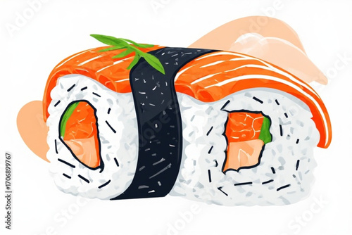 Delicious salmon sushi rolls, meticulously crafted, presented on a white background.