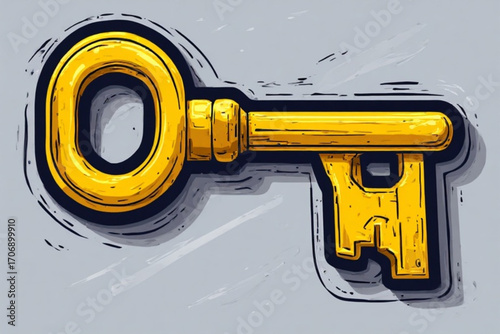 A stylized illustration of a large, golden skeleton key, detailed and textured, against a gray background.
