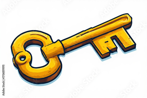A whimsical illustration of an antique golden key, showing wear and detail.
