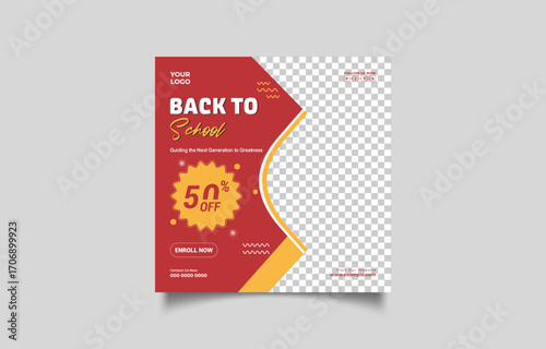 Back to School Promotion with Fifty Percent Off and Enrollment Now Available Design for Educational Institutions and Social Media Campaigns