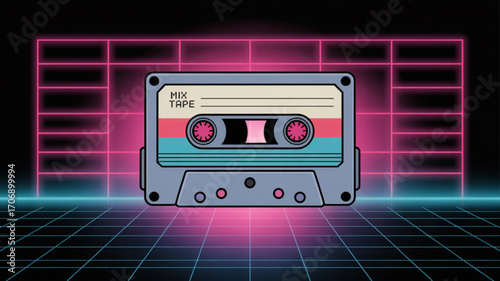 A retrofuturistic illustration of a cassette tape against a neon grid background, evoking a sense of nostalgia and the vibrant aesthetics of the 1980s era