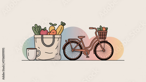 A delightful illustration showcasing a bicycle, a tote bag filled with fresh produce, and a charming mug, all set against a soft, neutral backdrop