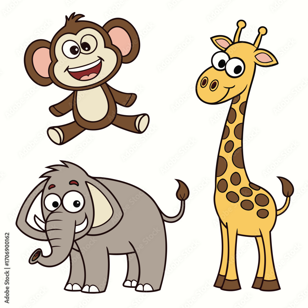 Obraz premium Smiling cartoon monkey floats beside a giraffe and elephant with transparent background