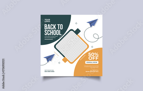 Creative Back to School Promotion Template with Paper Airplanes and Discount Offer for Social Media Marketing Campaigns and Educational Programs