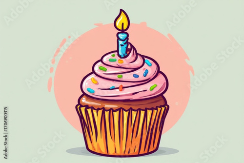 A cartoon cupcake with pink frosting, sprinkles, and a lit candle, set against a pastel background.