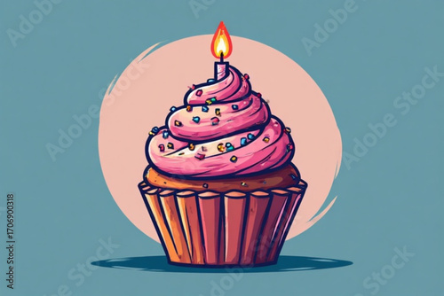 A cartoon cupcake with pink frosting, sprinkles, and a lit candle, perfect for a birthday celebration.