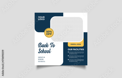 Eye Catching Back to School Social Media Post Template with 50 Percent Off Offer to Attract New Students