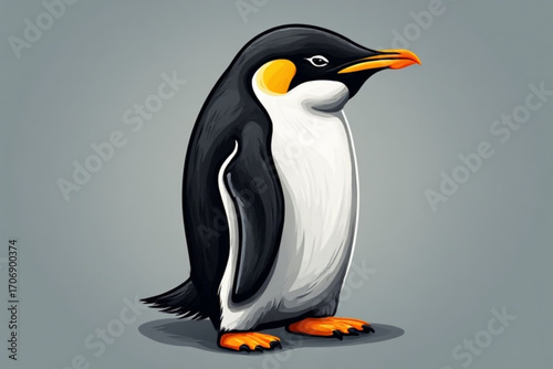 A charming illustration of an Emperor penguin, standing upright against a muted grey background.