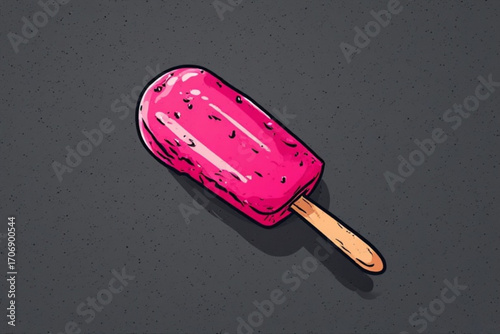 A vibrant pink popsicle, meticulously illustrated, rests on a dark background.