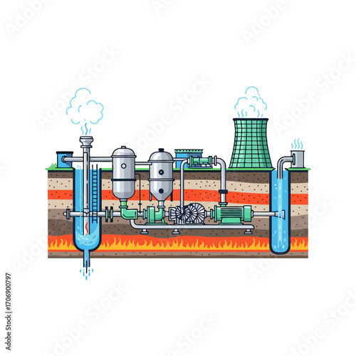 A geothermal power plant in operation with steam rising from cooling towers and pipes underground