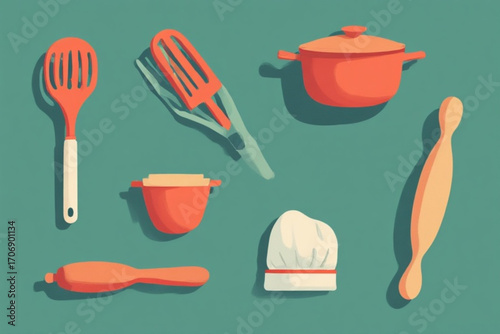 Flat lay illustration of various kitchen utensils and cookware, including a whisk, spatula, pot, measuring cup, rolling pin, and chef's hat.