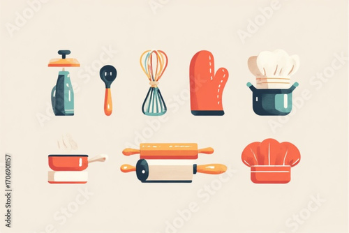 Flat design illustration of various kitchen utensils and chef's hats, including whisks, spoons, rolling pins, and pots.
