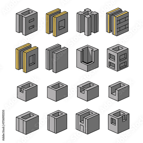 a collection of isometric concrete blocks in various shapes and configurations on white background
