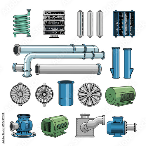 A collection of various industrial pipes and mechanical equipment in different shapes and colors on a clean white background