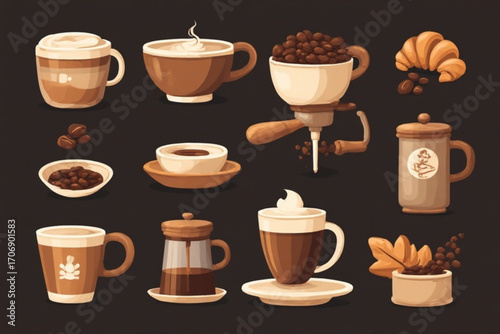 A delightful collection of coffee brewing equipment, beverages, and freshly roasted beans, illustrated in a charming cartoon style.