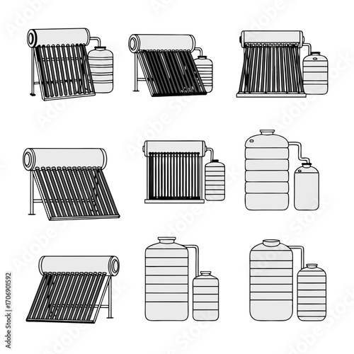 solar water heaters with tanks in various designs and angles for renewable energy