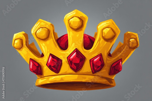 Illustration of a golden crown adorned with red jewels, set against a gray background.